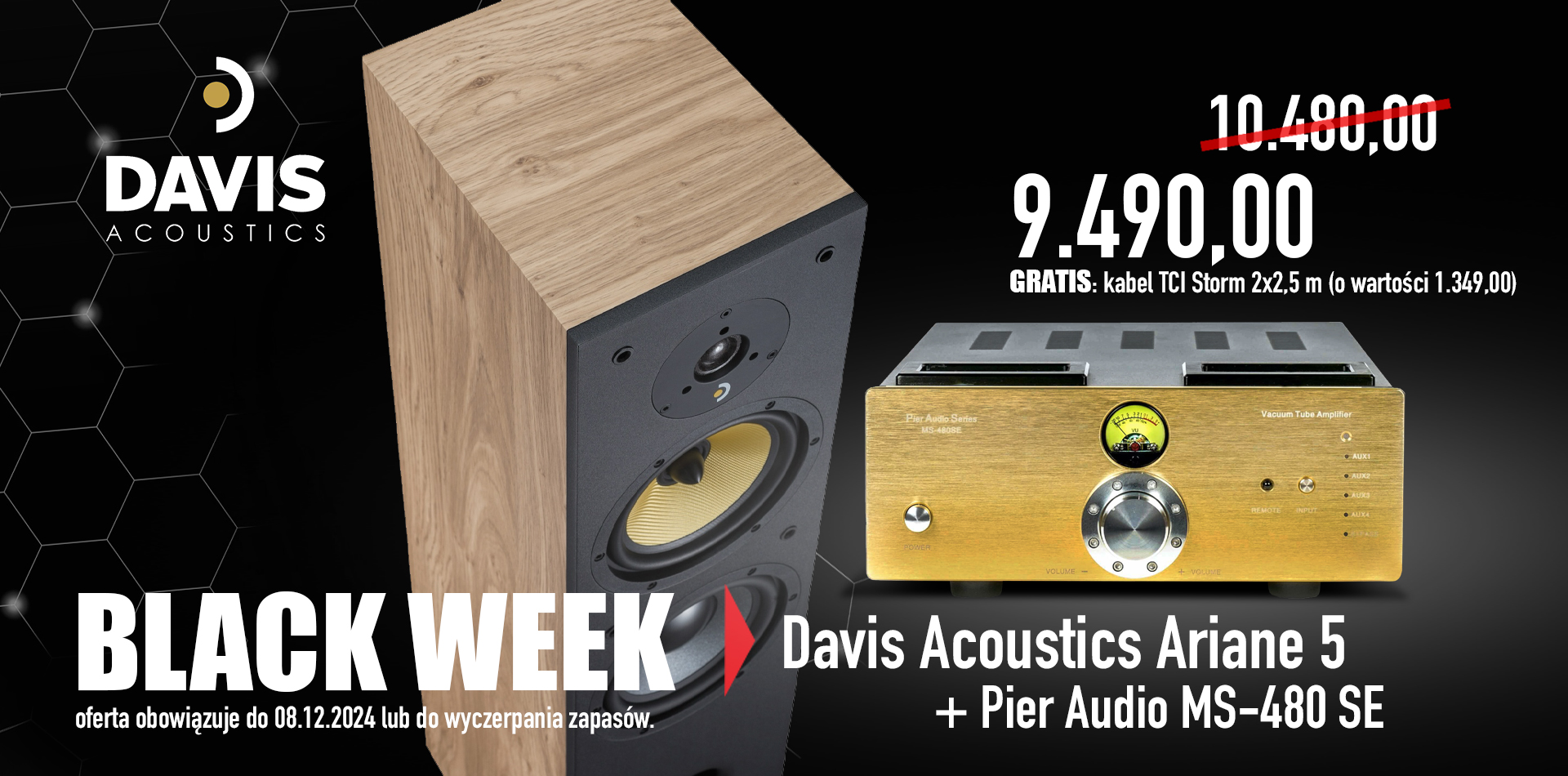 Davis Acoustics Ariane 5 + Pier Audio MS-480 SE za 9490 PLN (zamiast 10480 PLN) + kabel TCI Storm 2x2,5m gratis (o wartości 1349 PLN)